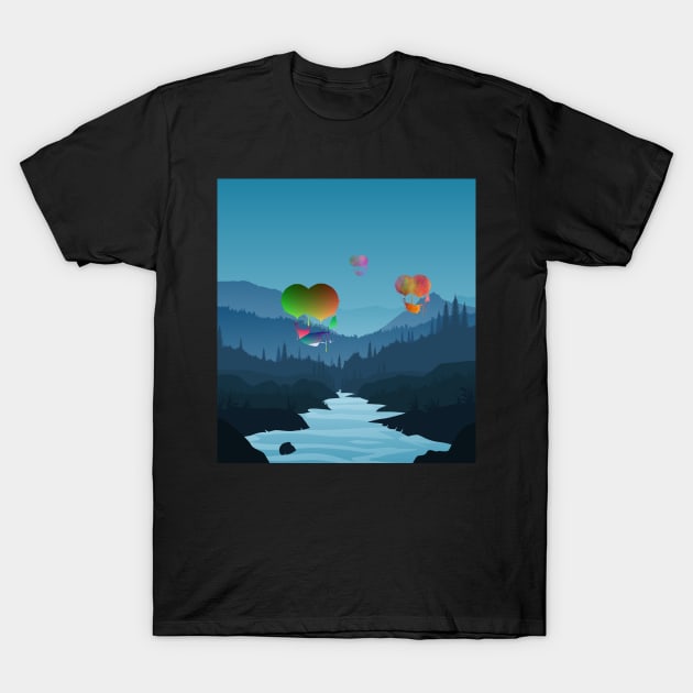 Steampunk Balloon Ship Sailing Over the Land T-Shirt by Mazz M